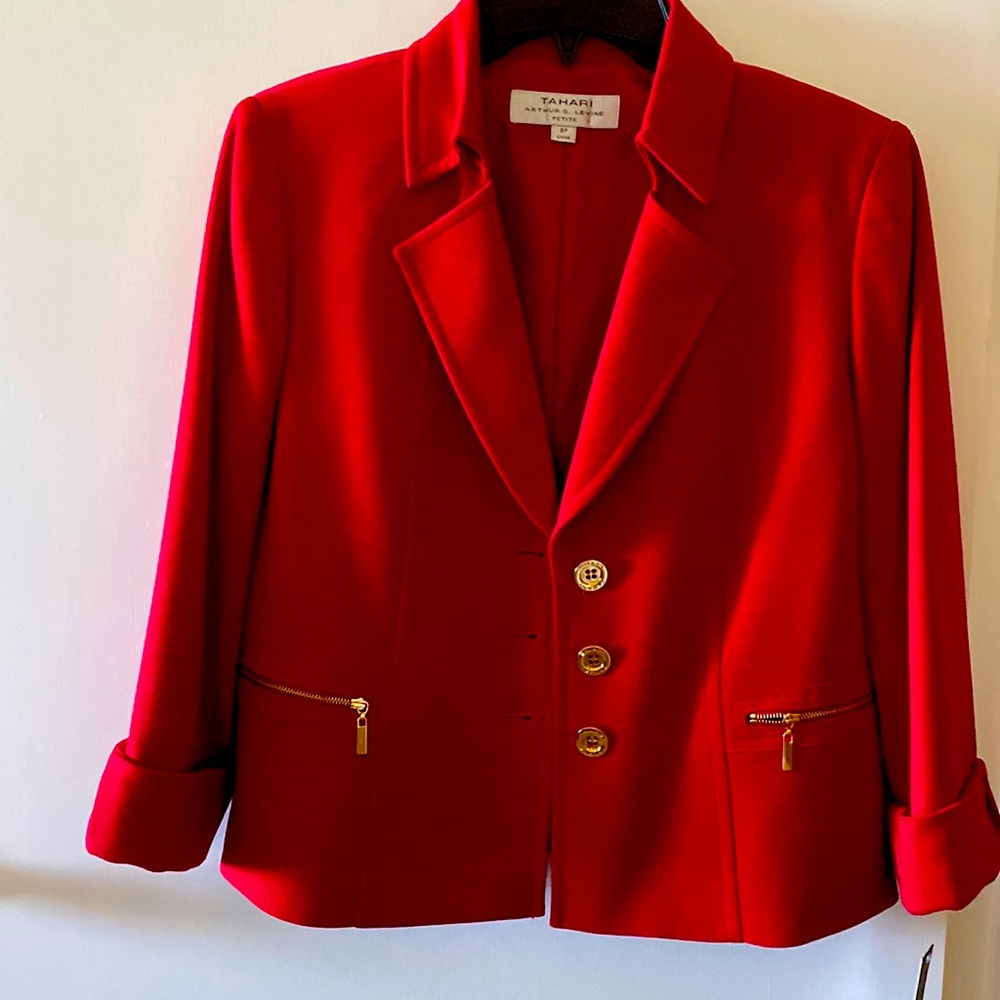 TAHARI ASL Women’s Petite Long Sleeves Front Button Front Zip Pocket Blazer